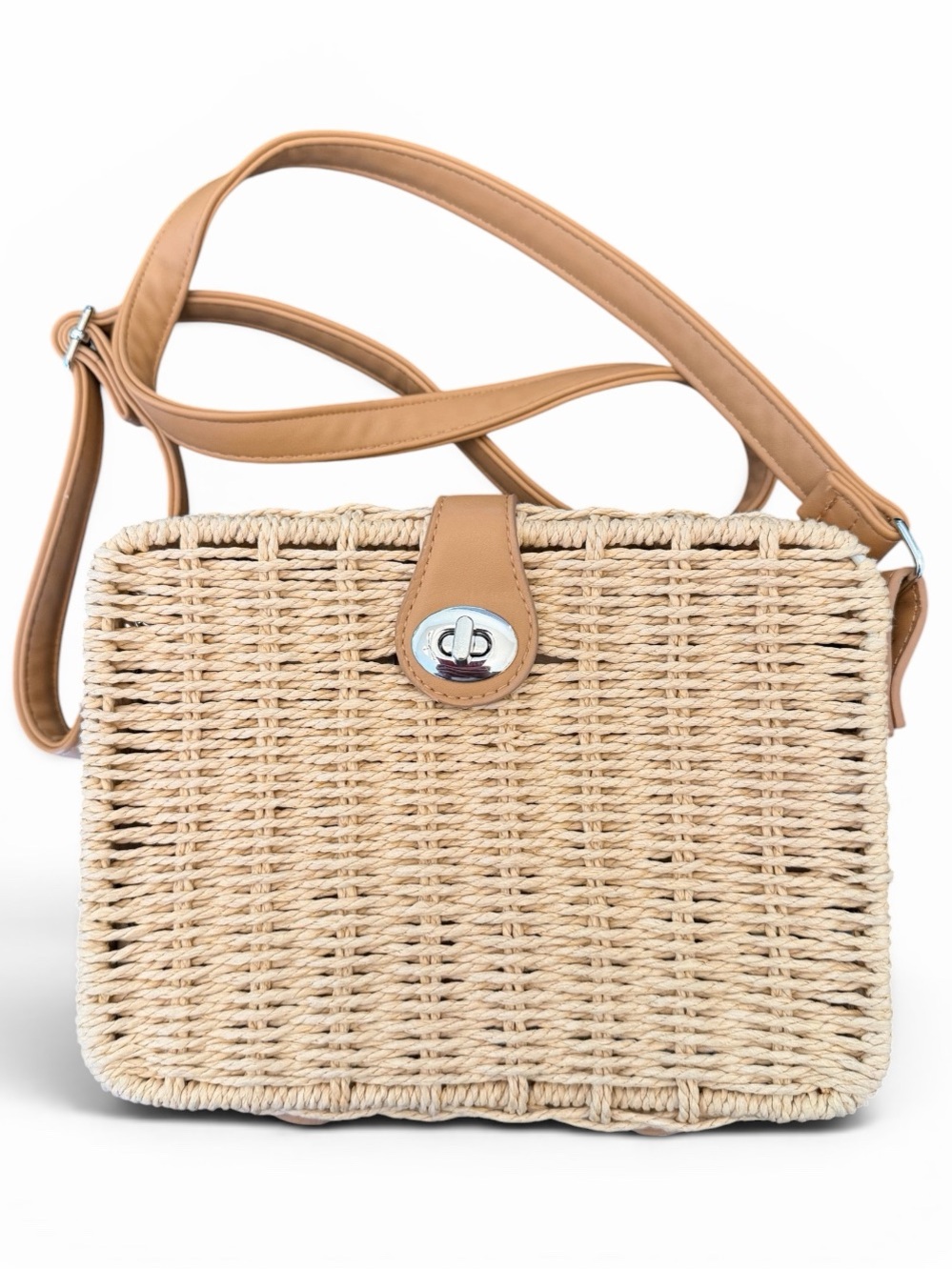 Woven Straw Crossbody Bag with Tan Square - Picture 1 of 3